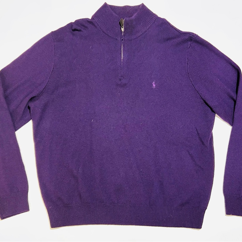 Polo Golf Ralph Lauren Mock Neck Sweater Men's L Purple Merino Wool Quarter Zip